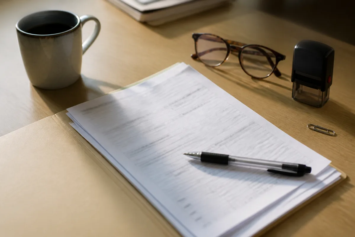 Dossier administratif de création d&rsquo;entreprise et formulaires posés sur un bureau