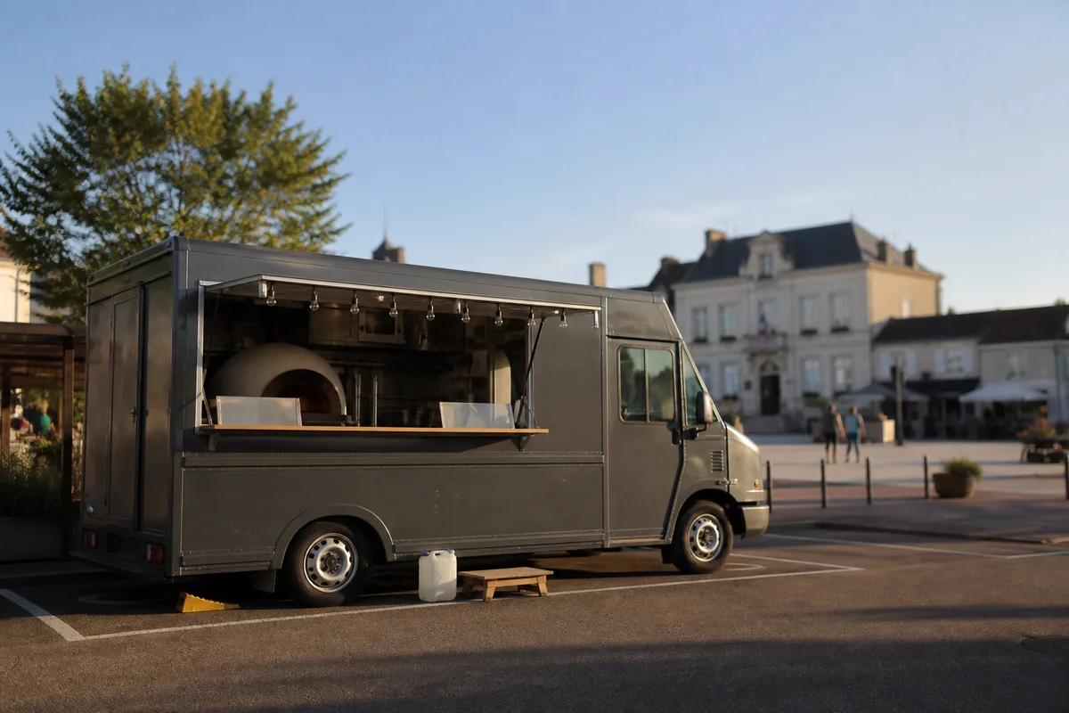 Camion à pizza stationné sur une place de bourg en fin d&rsquo;après-midi