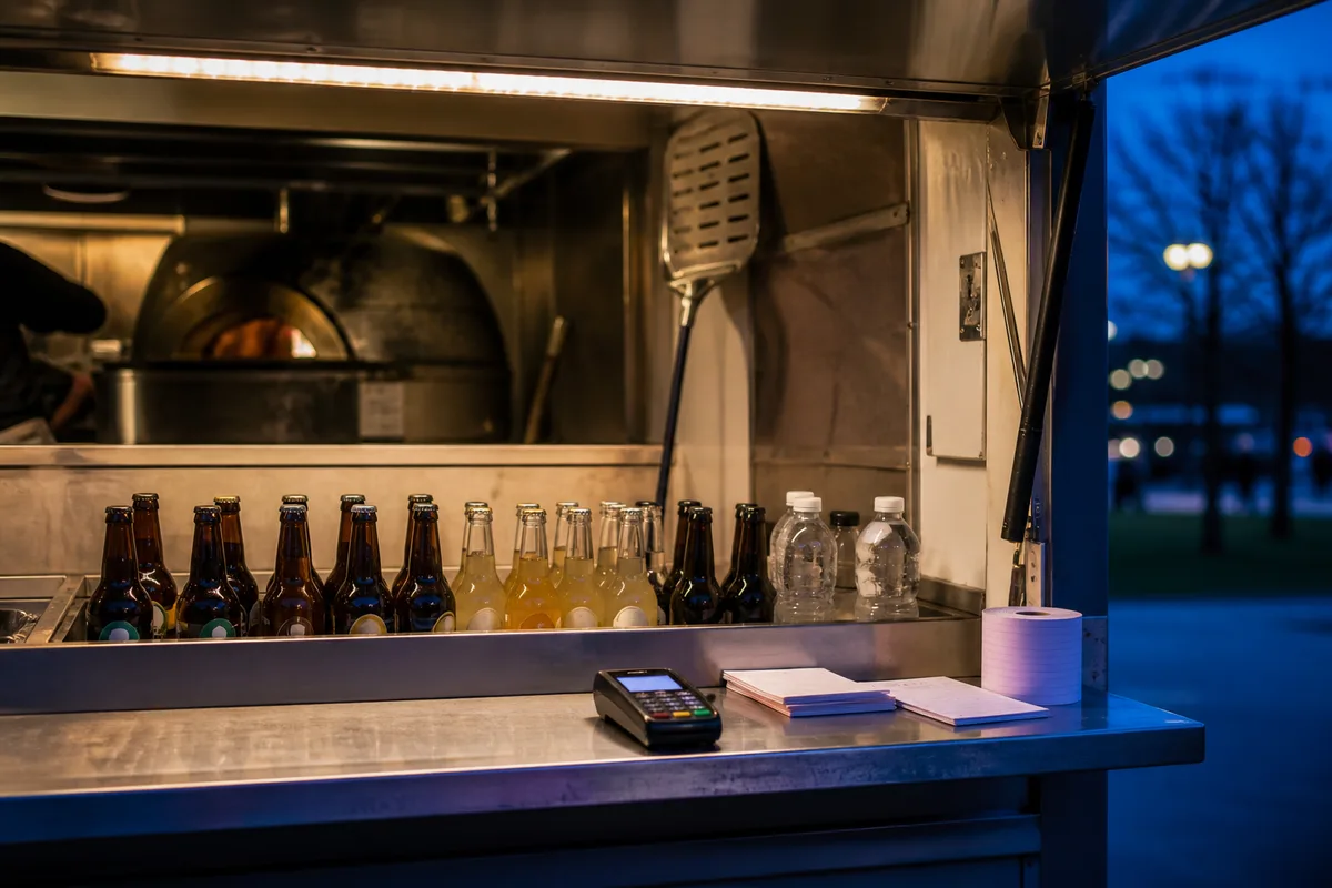 Comptoir de service d&rsquo;un camion à pizza avec bouteilles de boissons et terminal de paiement