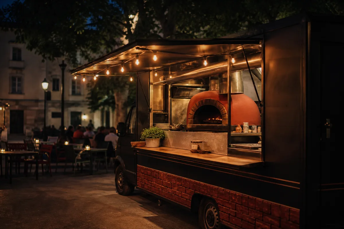 Camion à pizza installé le soir sur une place de bourg éclairée