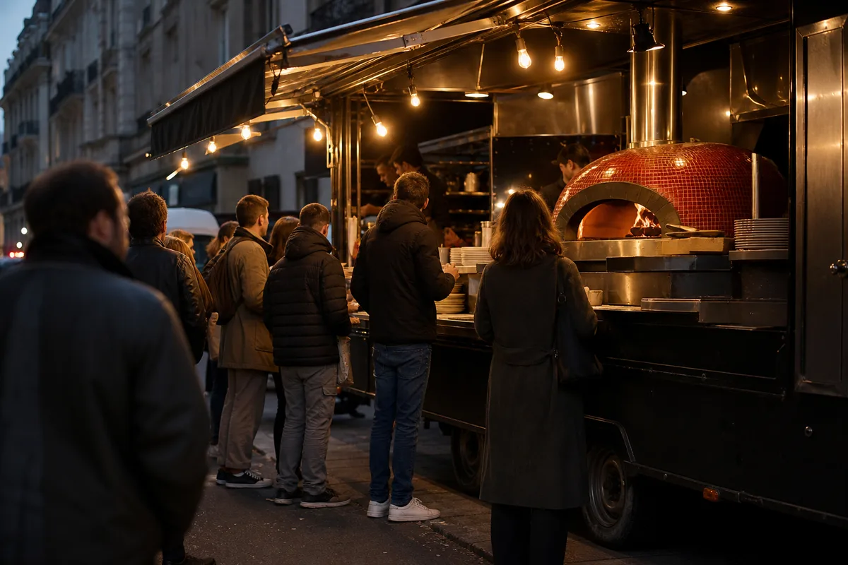 File d&rsquo;attente devant un camion à pizza en fin de journée