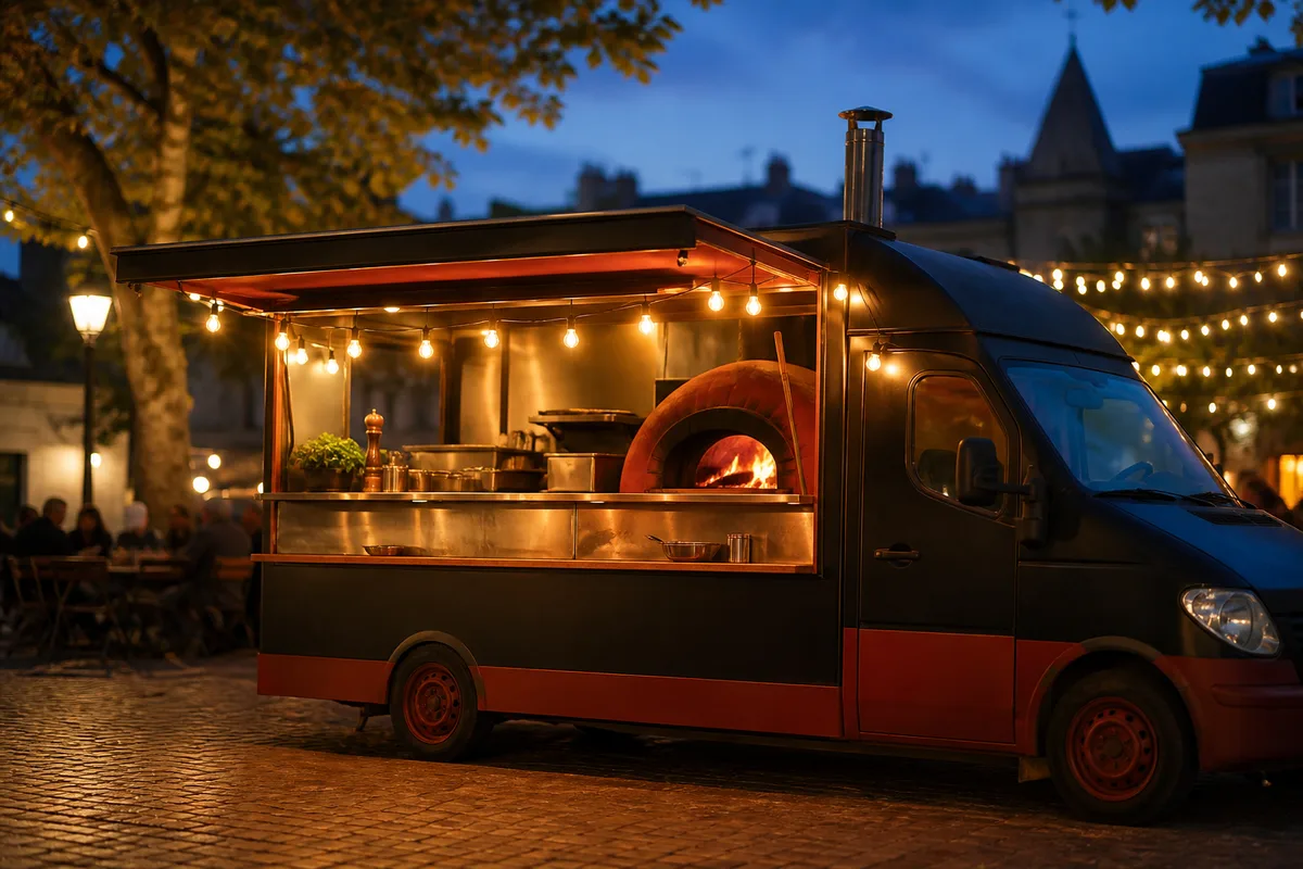 Comptoir d'un camion à pizza ouvert le soir, four visible à l'arrière et pizzas prêtes à enfourner