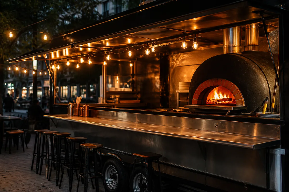 Comptoir d&rsquo;un bar à pizza avec four ouvert et tabourets hauts