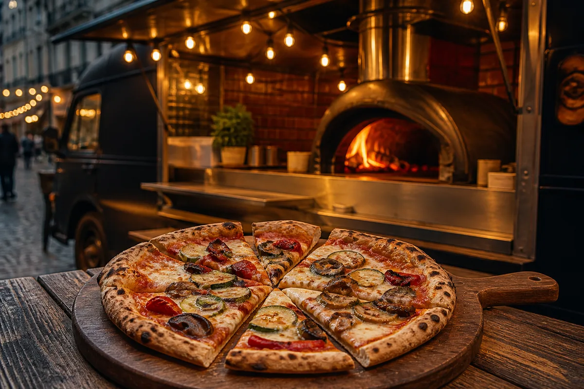 Planche de pizza découpée en parts posée sur une table haute