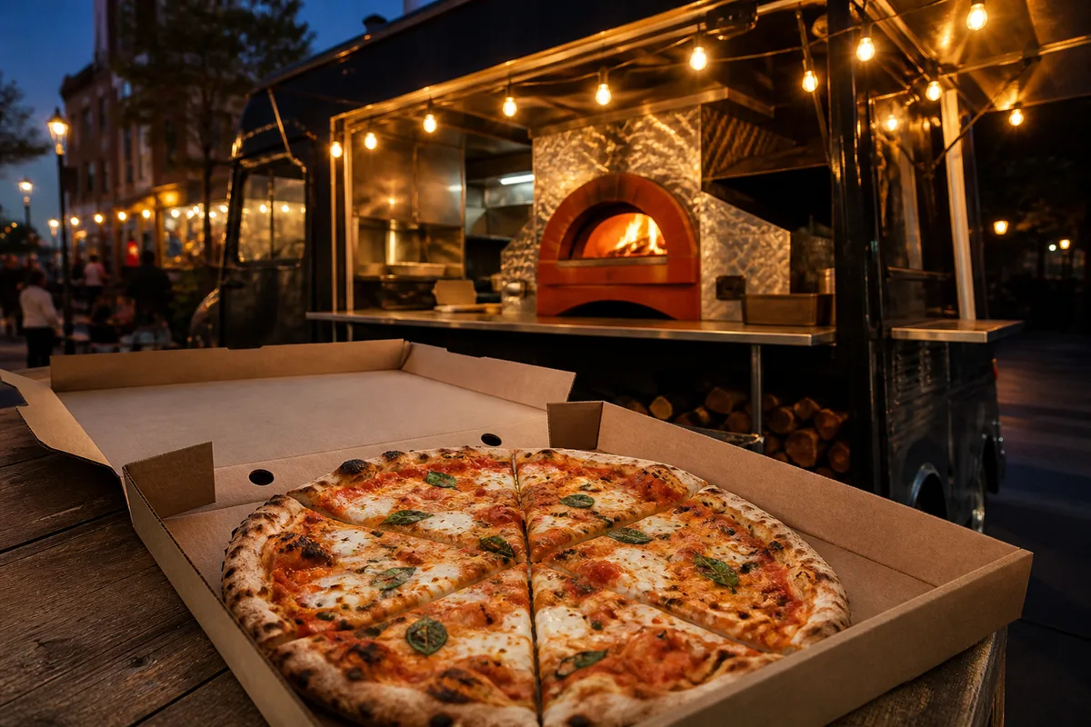 Carton de pizza ouvert sur une table de cuisine avec parts découpées