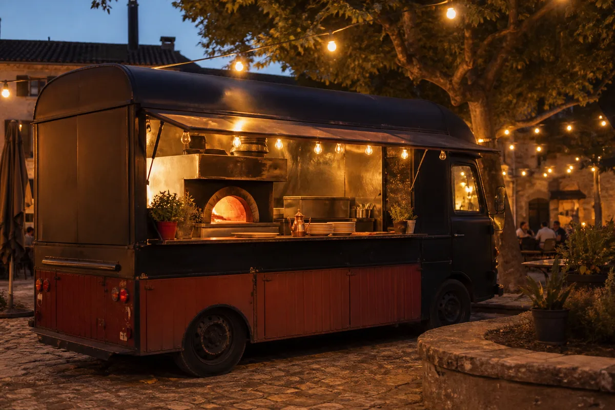 Camion à pizza aménagé stationné sur une place de village