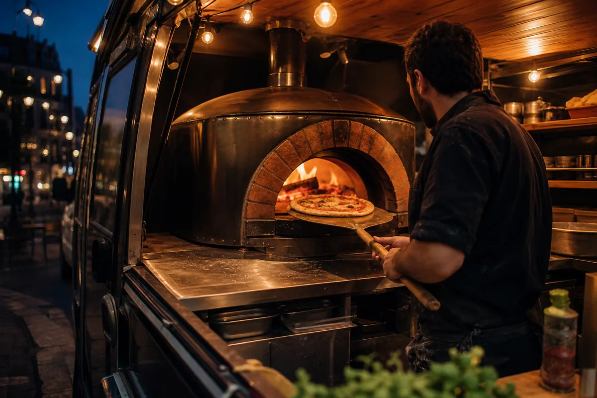 Pizzaïolo enfournant une pizza dans le four d&rsquo;un camion