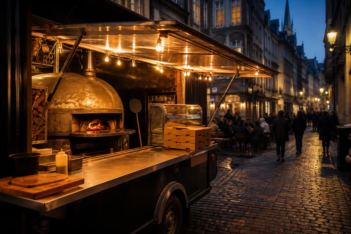 Comptoir de pizzeria à emporter dans une rue pavée du centre de Rennes