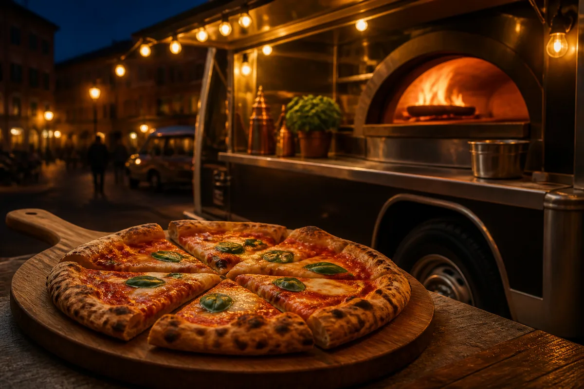 Pizza artisanale coupée en parts sur une planche en bois