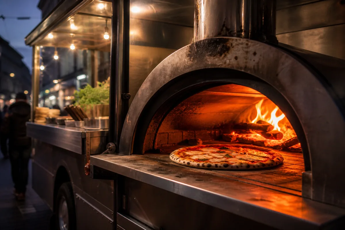 Four à bois en fonctionnement avec flamme et pizza en cuisson