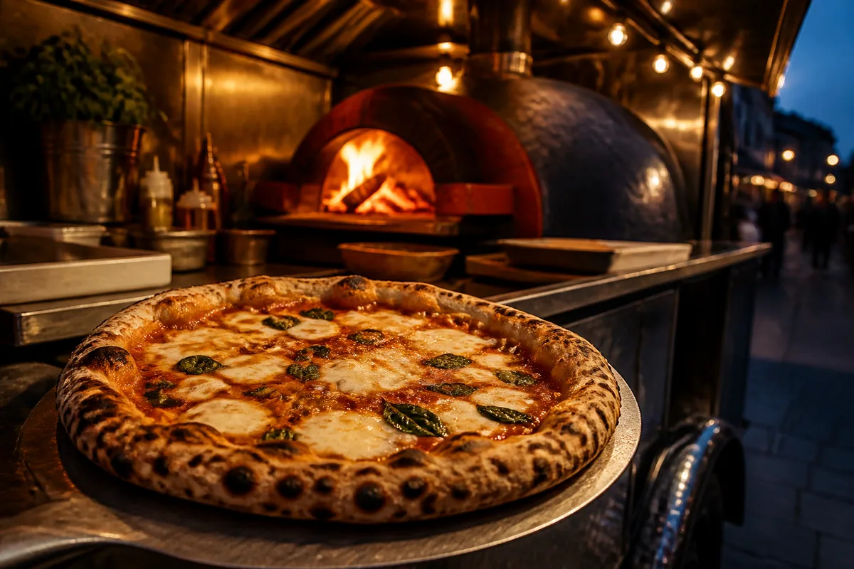 Pizza sortie du four avec corniche gonflée et taches de cuisson