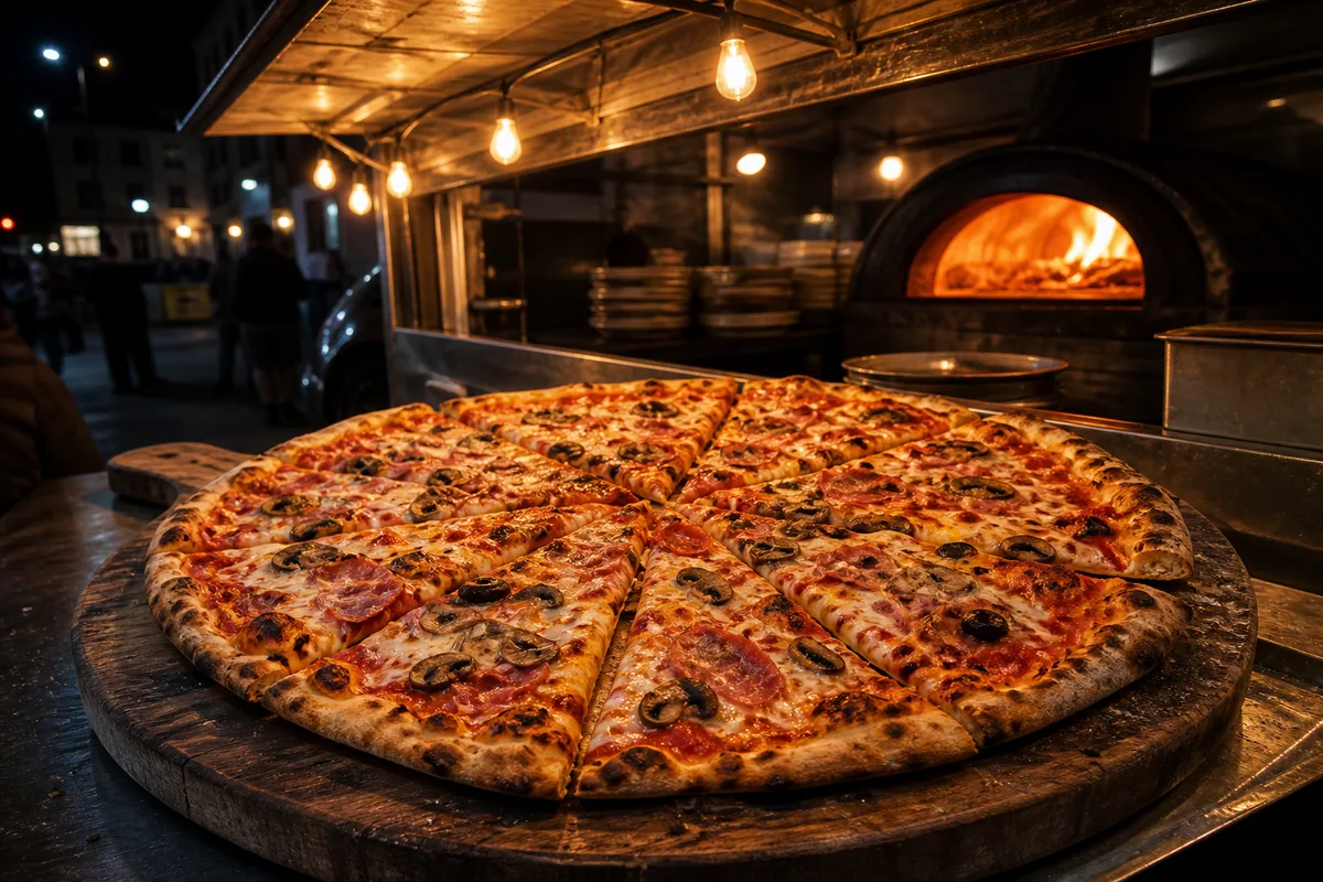 Grande pizza à partager découpée en parts sur une planche en bois