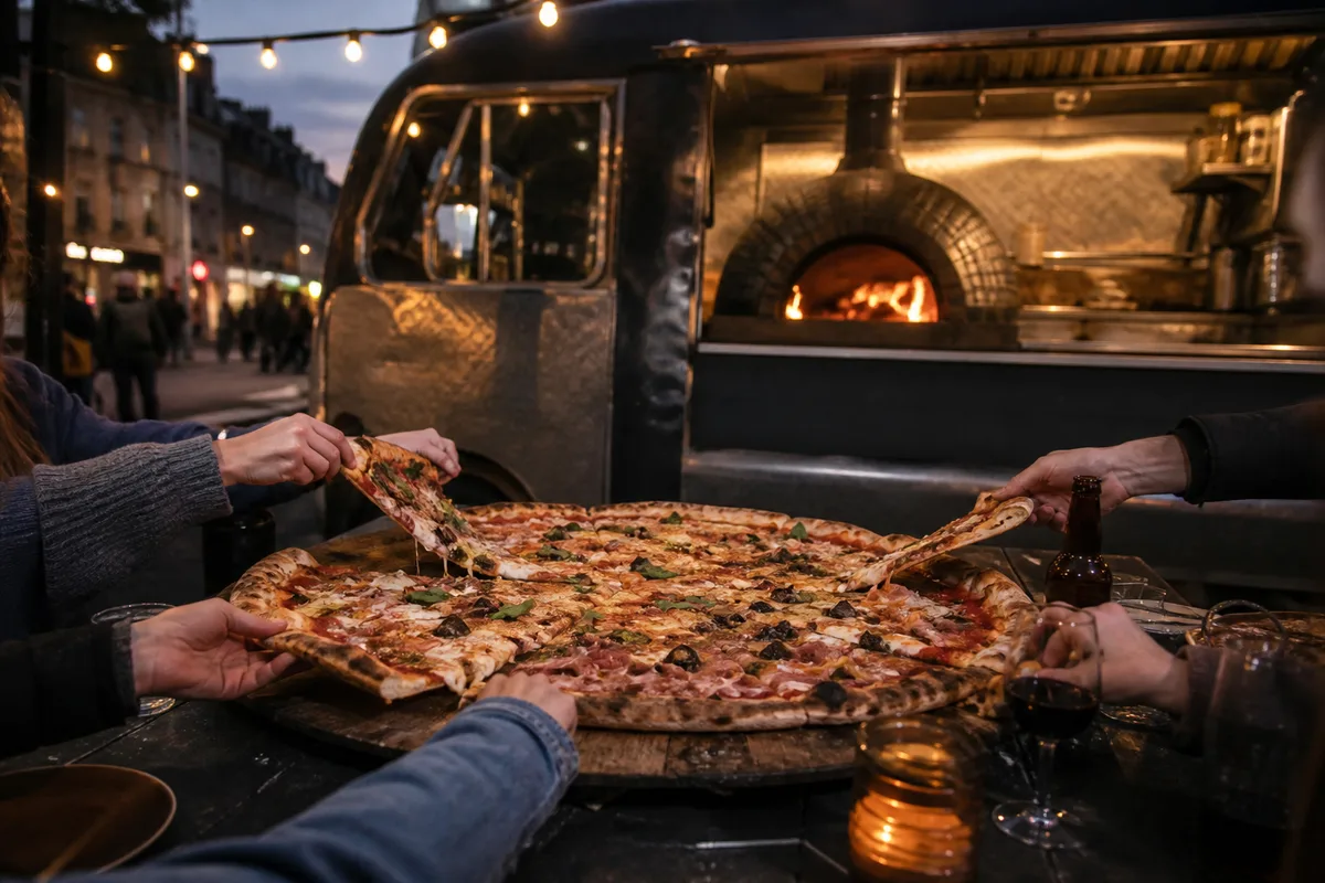 Table familiale avec une pizza géante partagée entre plusieurs convives