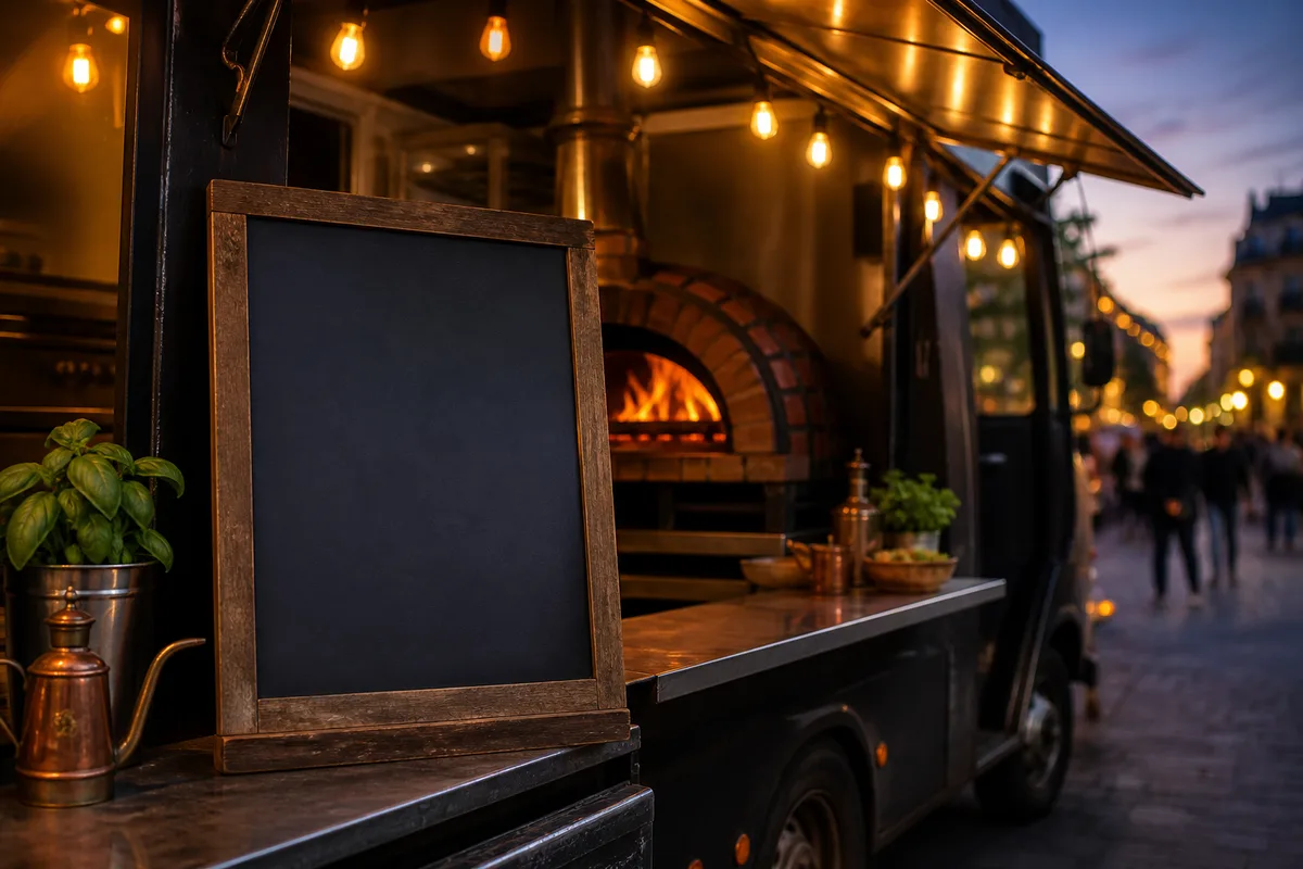 Ardoise de pizzeria présentant une carte de pizzas signature