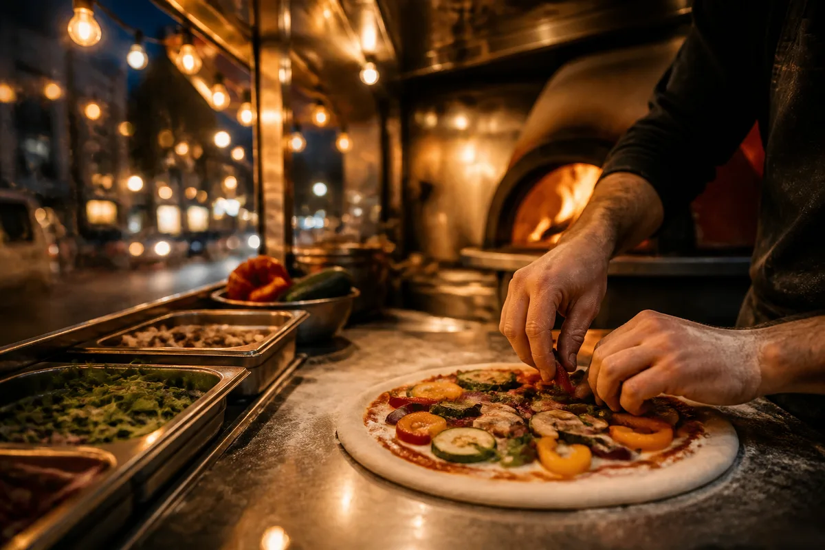 Pizzaïolo garnissant une pizza avec des légumes de saison